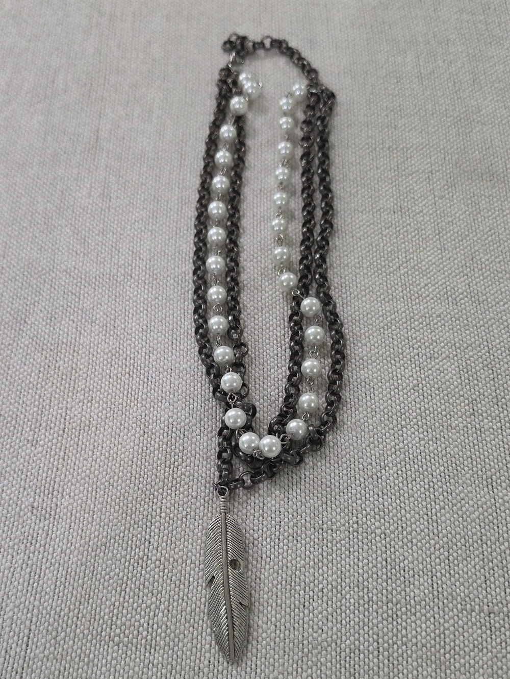 Pearl-Accented Gunmetal Feather Necklace - Women Jewelry NWOT
